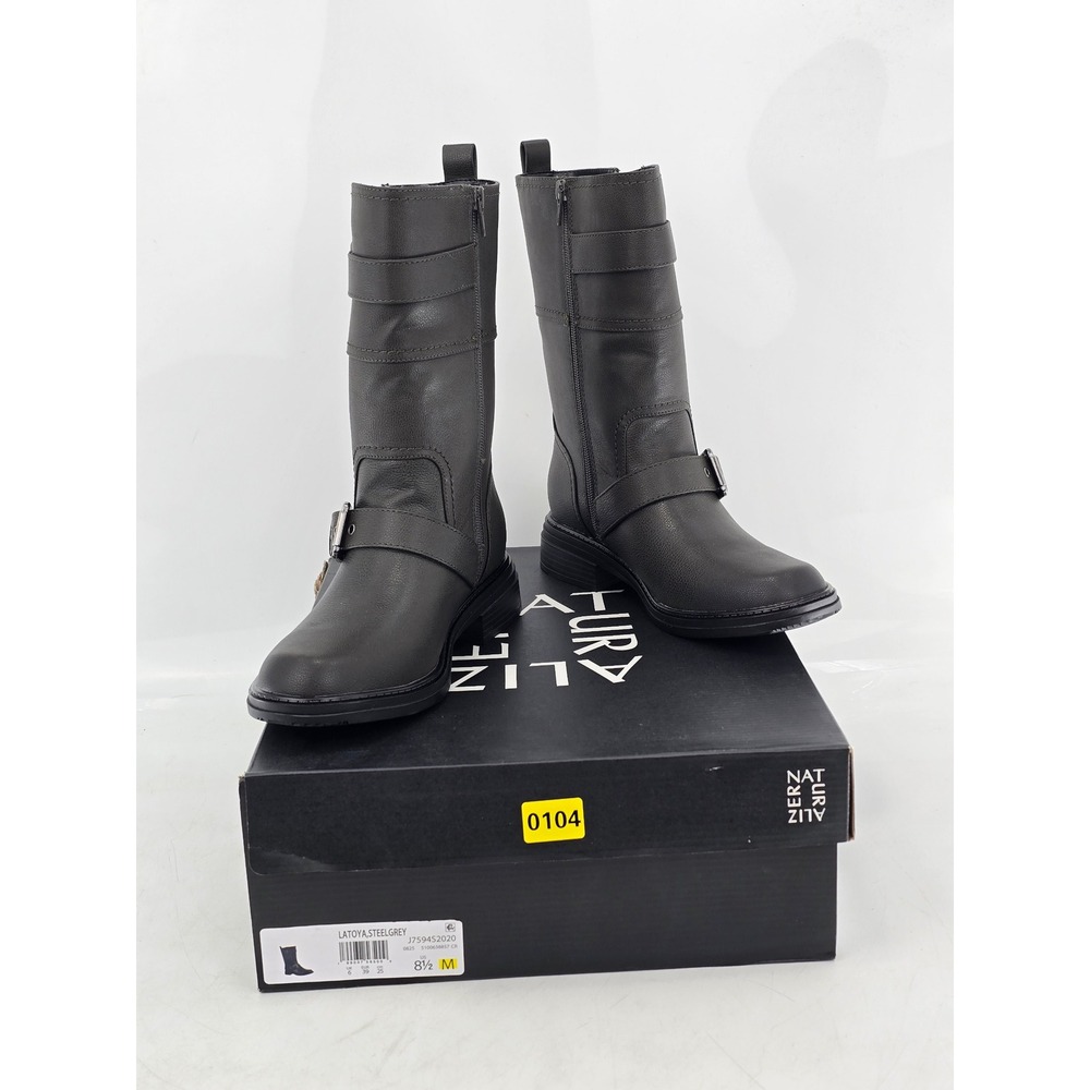 Naturalizer Latoya Boots Womens 8.5 Steel Grey Moto Buckle Mid Calf - New